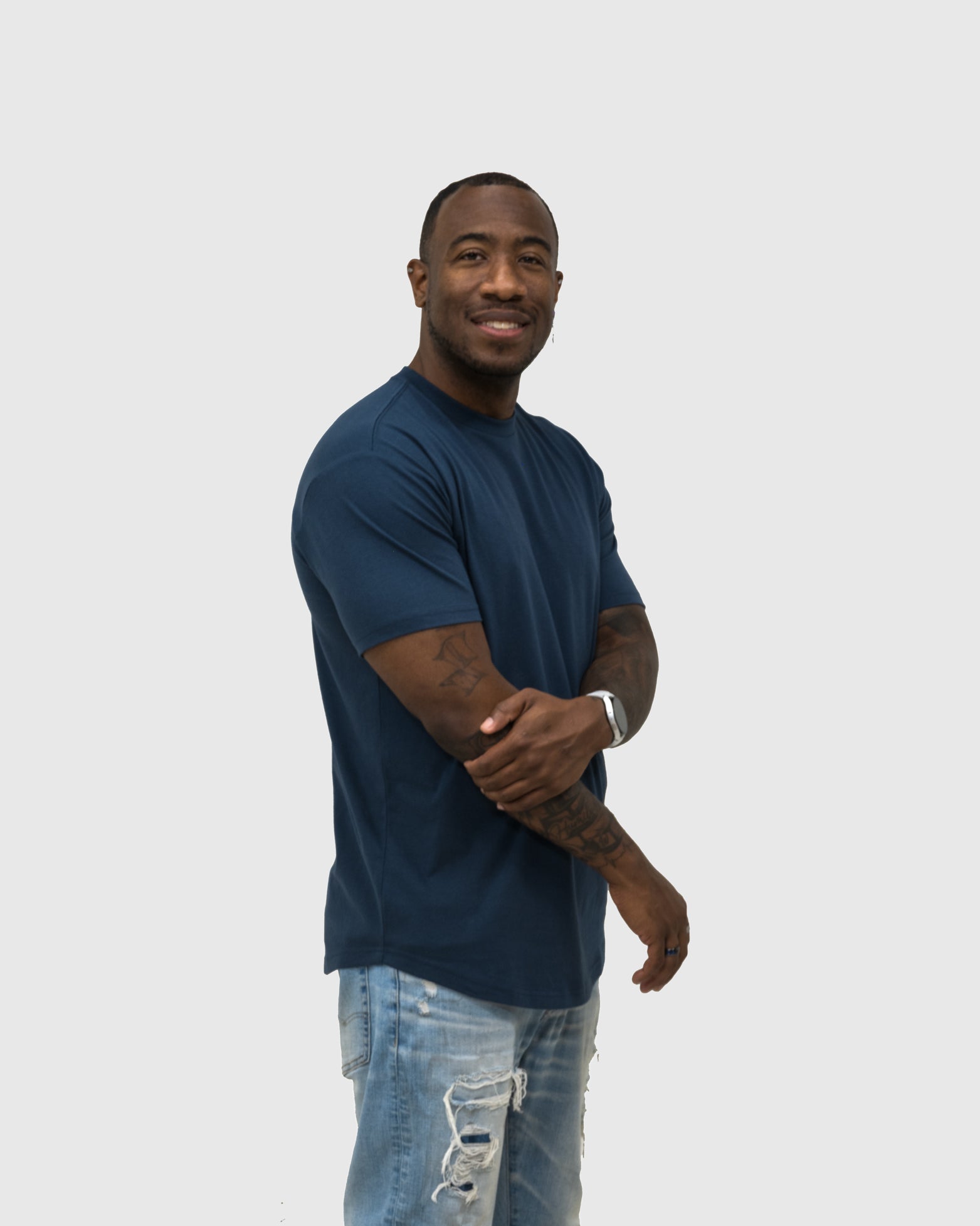 Slate Blue Curved Hem Crew Neck