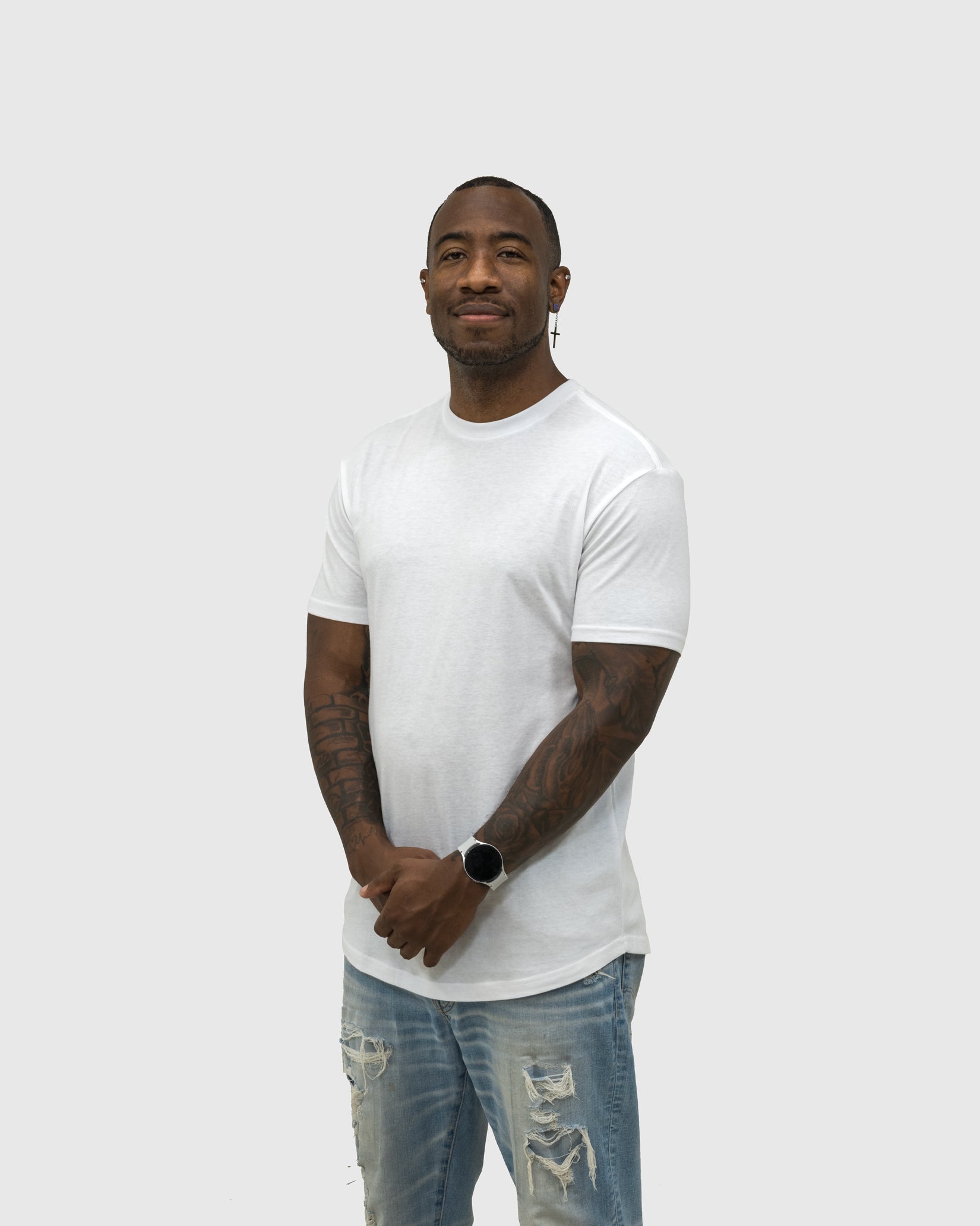 White Curved Hem Crew Neck