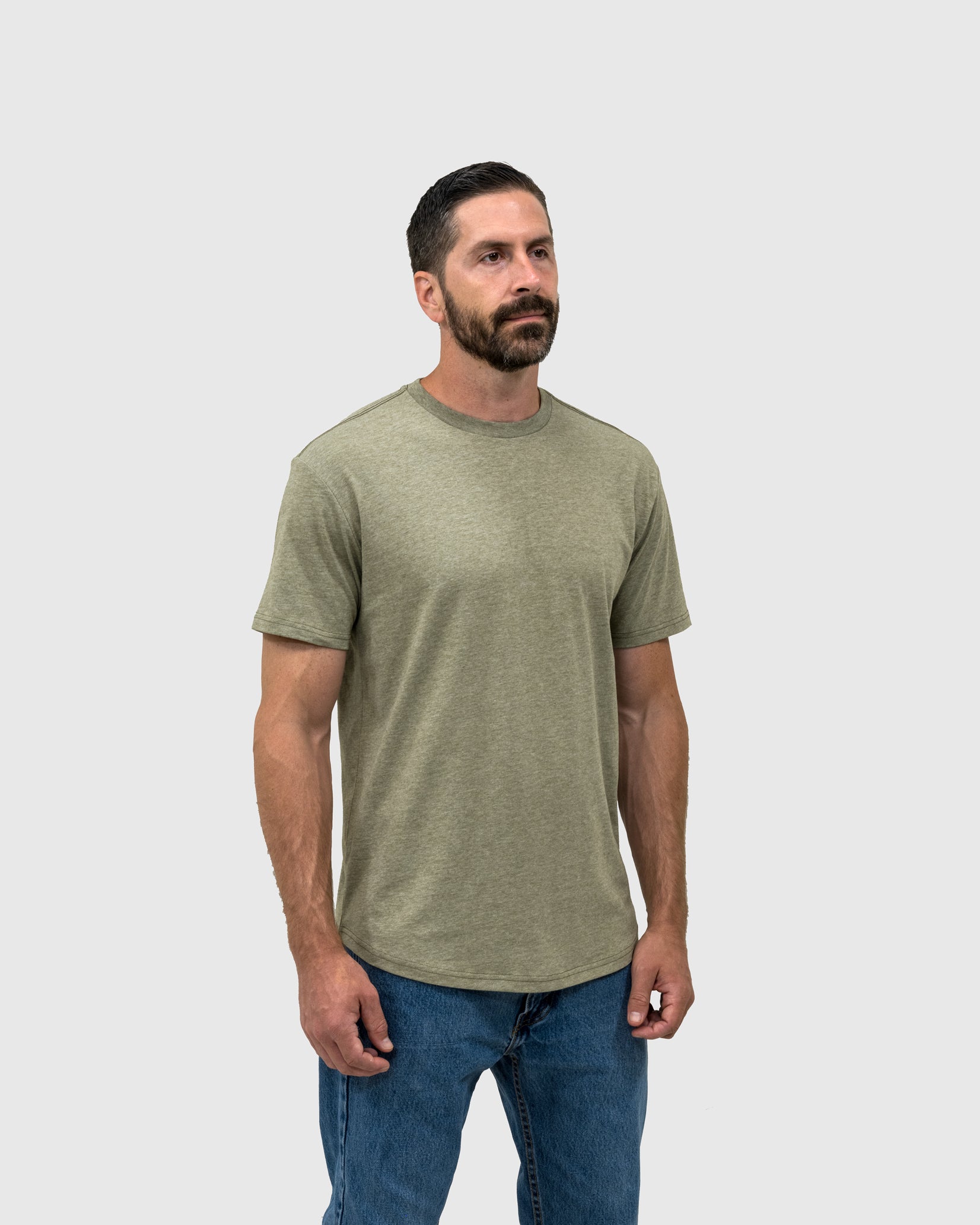 Military Gray Curved Hem Crew Neck